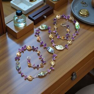 30" Abalone Shell & Amethyst Chip Necklace Faceted Beads Boho Beach Chic Purple